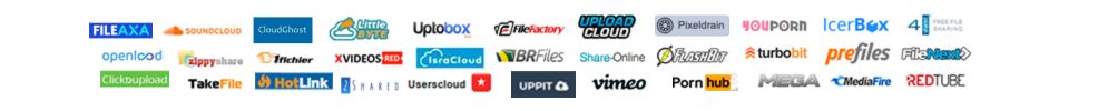 1Fichier, 2Shared, 4Shared, Brfiles, ClicknUpload, Cloudghost, Fieaxa, Filefactory, FileNext, Flashbit, Hotlink, Icerbox, IsraCloud, Openload, LittleByte, MediaFire, Mega, Pixeldrain, Pornhub, PreFiles, Redtube, Sizedrive, Soundcloud, Takefile, Turbobit, UploadCloud, UsersCloud, Xvideos, Youporn, Zippyshare. megacombo